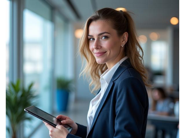 Modernus biuras ir profesionalus finansų ekspertas, dirbantis kompiuteriu ir rodantis patikimumą.