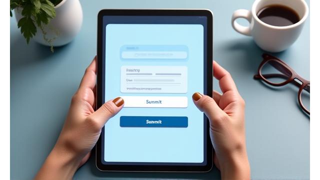 Rankos, įvedančios duomenis į planšetę ar telefoną, rodančią internetinės paraiškos formą. Fokusas į patogumą ir greitį.