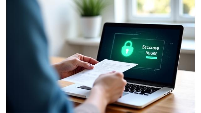 Rankos, įkeliančios dokumentus į kompiuterį, su saugumo simboliais, pabrėžiančiais duomenų saugumą.