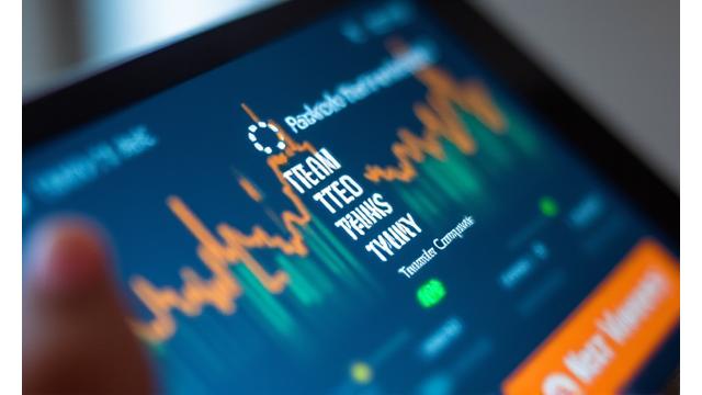 Pinigų pervedimo simbolis, rankos ant klaviatūros su banko programėle, rodanti greitą sandorio užbaigimą.