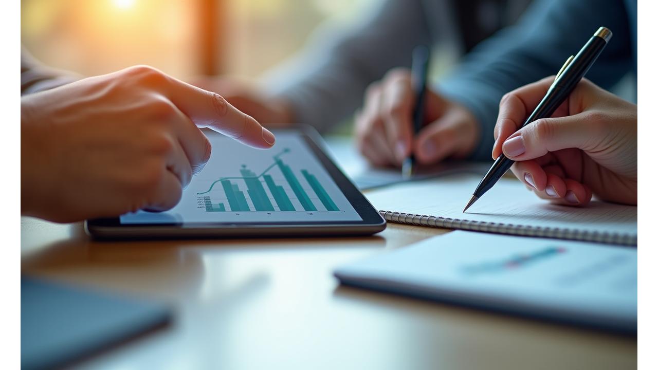 Dvi rankos, viena rodo į skaitmeninį ekraną, kita rašo ant popieriaus, simbolizuojančios klientų aptarnavimą ir pagalbą.