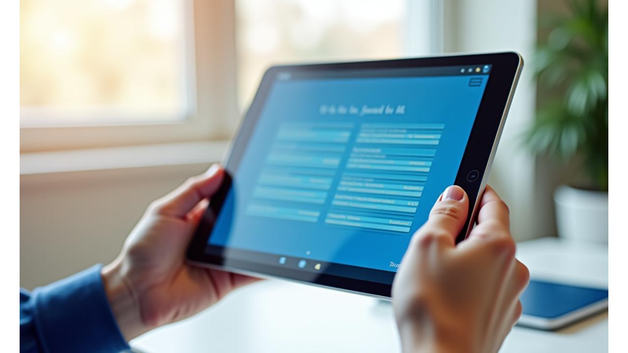 Žmogus ieškantis informacijos planšetiniame kompiuteryje, vaizduojantis paprastą atsakymų paiešką.