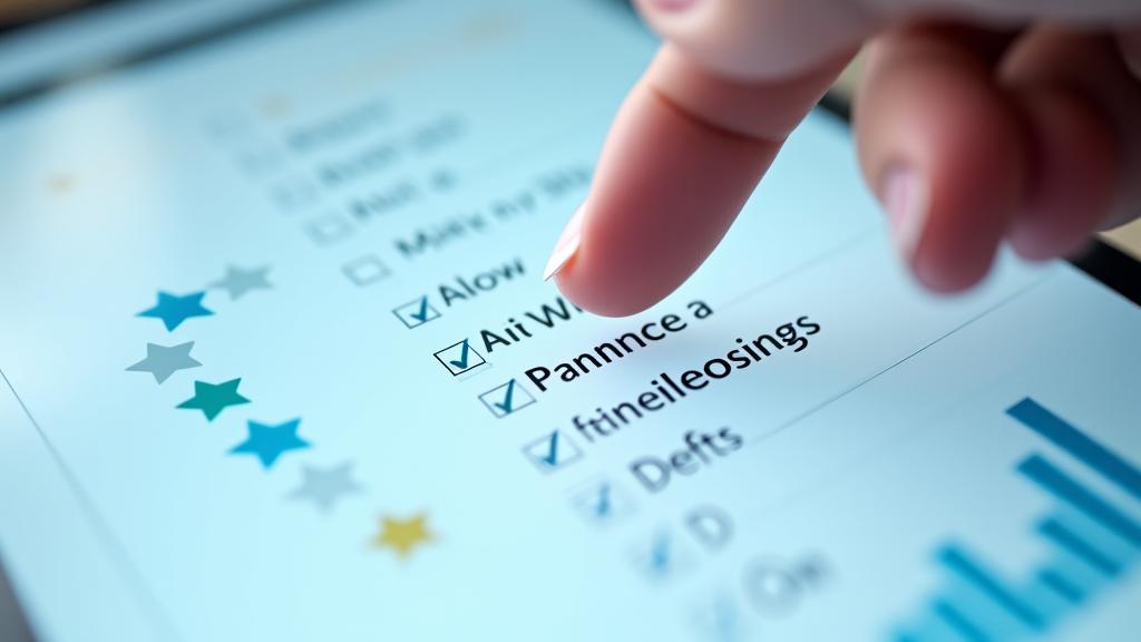 Rankos laikančios lentelę su tinkamumo kriterijais ir žvaigždutėmis, simbolizuojančios vertinimą ir atitikimą.