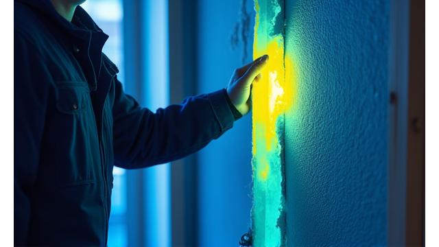 Specialistas matuoja sienos izoliacijos efektyvumą su terminiu kamera