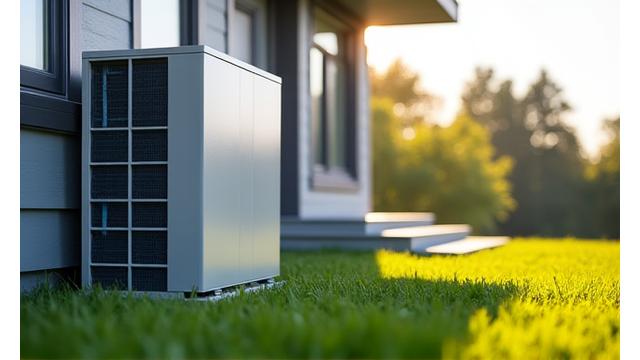 Šilumos siurblys, įrengtas šiuolaikiniame name su žalia veja