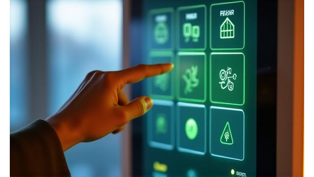 Išmaniosios namų sistemos valdymo pultas su žalios energijos piktogramomis