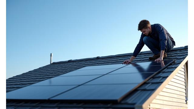 Saulės baterijų montavimas ant modernaus namo stogo
