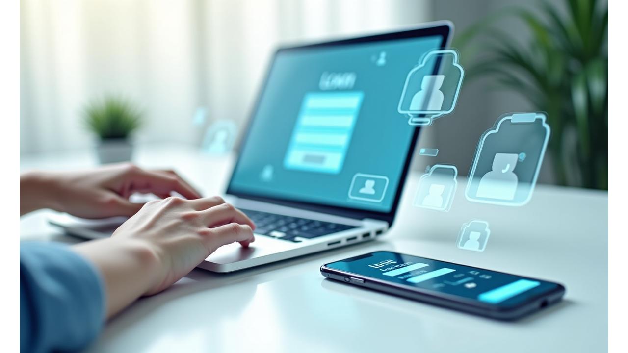 Žmogus naudojasi nešiojamuoju kompiuteriu ir telefonu, apsuptas modernių komunikacijos piktogramų, simbolizuojančių lengvą susisiekimą ir greitą paskolų paraišką