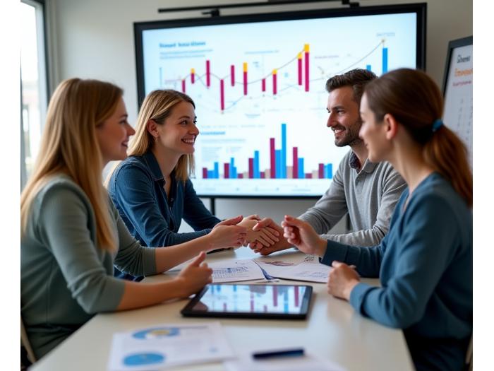 Verslininkų grupė aptaria dokumentus biure, simbolizuojanti verslo augimą