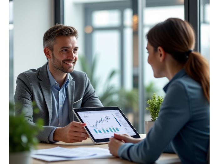 Vyras ir moteris aptaria diagramas ir skaičius planšetiniame kompiuteryje, simbolizuojant finansinę konsultaciją.