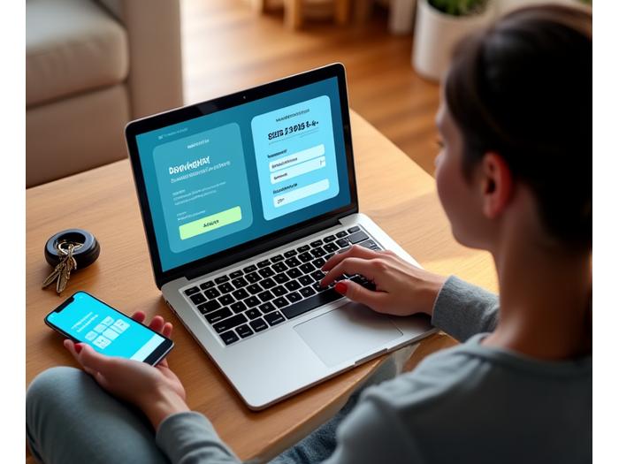 Žmogus naudojasi nešiojamuoju kompiuteriu ir skaičiuokle su užrašu 'Greita paskola'