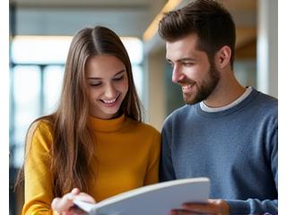 Dvi studentės džiaugsmingai bendrauja bibliotekoje prie knygų