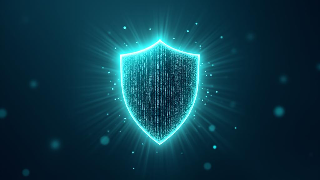 Saugus skydas su skaitmeninių duomenų apsaugos simboliais, simbolizuojantis privatumo politiką ir duomenų apsaugą