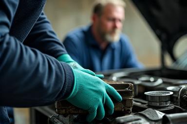 Mechanikas tikrina automobilio variklį su atidžiu veidu