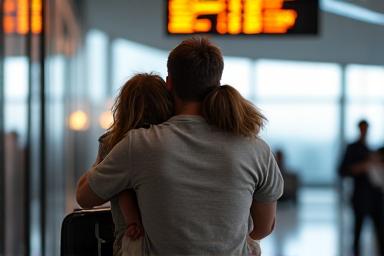 Šeima nuotraukoje apsikabinusi oro uoste su lagaminais, pasiruošusi skrydžiui