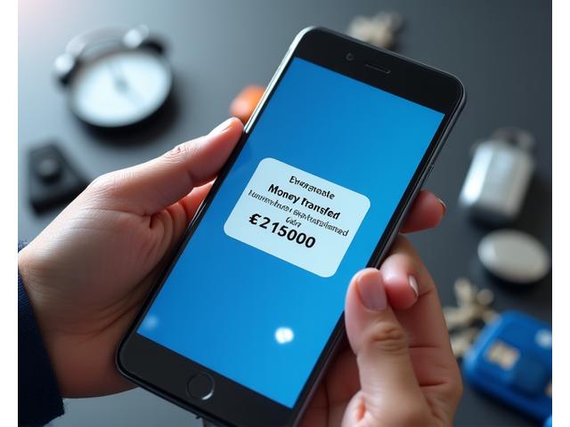 Rankos laiko mobilųjį telefoną su pinigų pervedimo programa, fone – laikrodis ir medicininės pagalbos simboliai, vizualizuojantys greitą pagalbą nenumatytoms išlaidoms