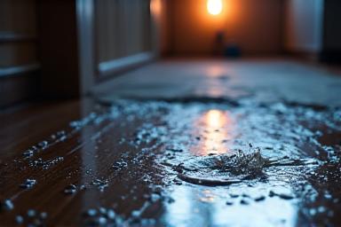 Nutrūkęs vandens vamzdis ir vanduo besipilantis ant grindų, rodantis avarinę situaciją namuose