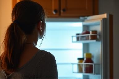 Liūdnas žmogus namuose su atidarytu šaldytuvu, vaizduojantis pajamų trūkumą ir finansinius sunkumus