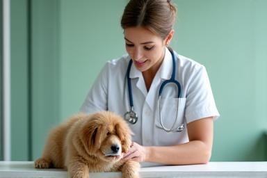 Veterinaras ramina šunį per apžiūrą klinikoje, rodo rūpestį gyvūnėliu