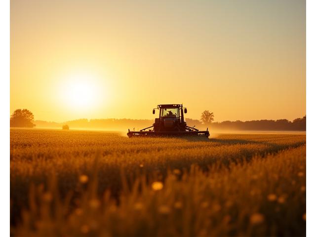 Ūkininkas dirbantis lauke su modernia žemės ūkio technika saulėlydžio metu, simbolizuojantis augimą ir sezoniškumą.