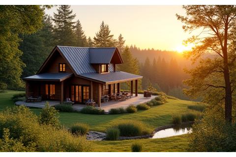 Ramus kaimo turizmo sodybos vaizdas saulėlydžio metu, iliustruojantis agroturizmo finansavimą.