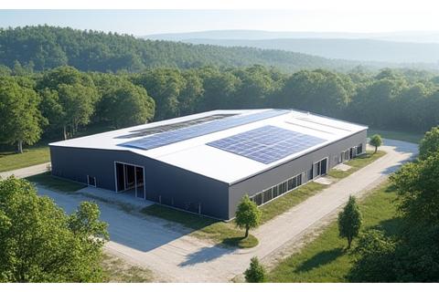 Infrastruktūra – modernūs ūkiniai pastatai su saulės baterijomis ant stogo, parodantys ūkinės infrastruktūros plėtrą.