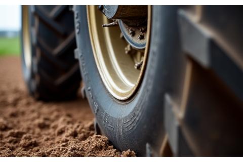 Šiuolaikinės technikos detalės – traktoriaus padanga purviname dirvožemyje, simbolizuojanti tvirtumą ir investicijas.