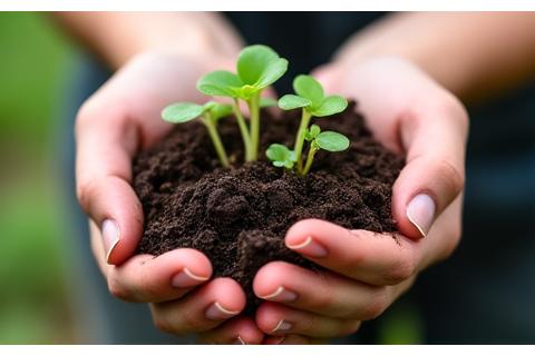 Pereinamasis laikotarpis – jaunų ūkininkų rankos, laikančios ekologišką dirvožemį su augančiais daigais, atspindi perėjimą prie ekologinio ūkininkavimo.