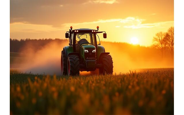 Galingas, modernus traktorius, dirbantis saulėtekio ūkyje, parodantis žemės ūkio technikos finansavimo galimybes.